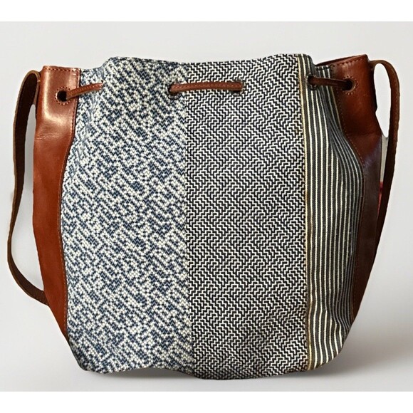 J. Jill Leather Fabric Bucket Large Tote Bag Boho Bag Brown Blue White - Picture 2 of 12